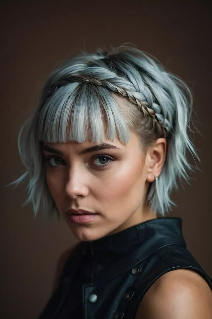 Textured Silver Bob with Halo Braids and Blunt Bangs