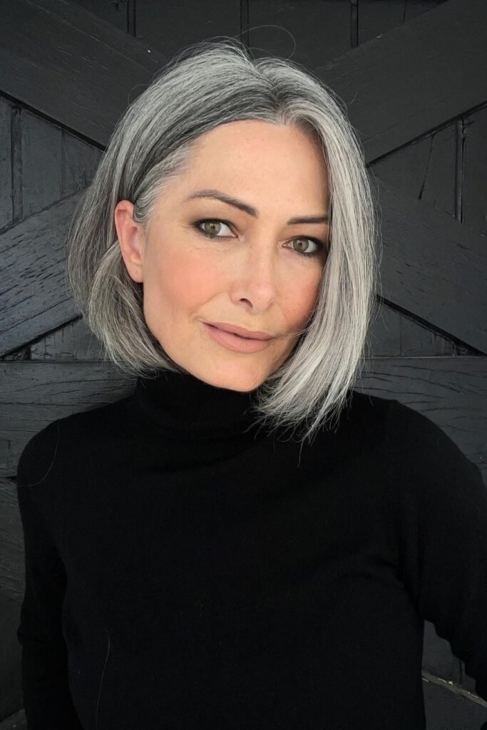 Textured Silver Bob with Side-Swept Bangs
