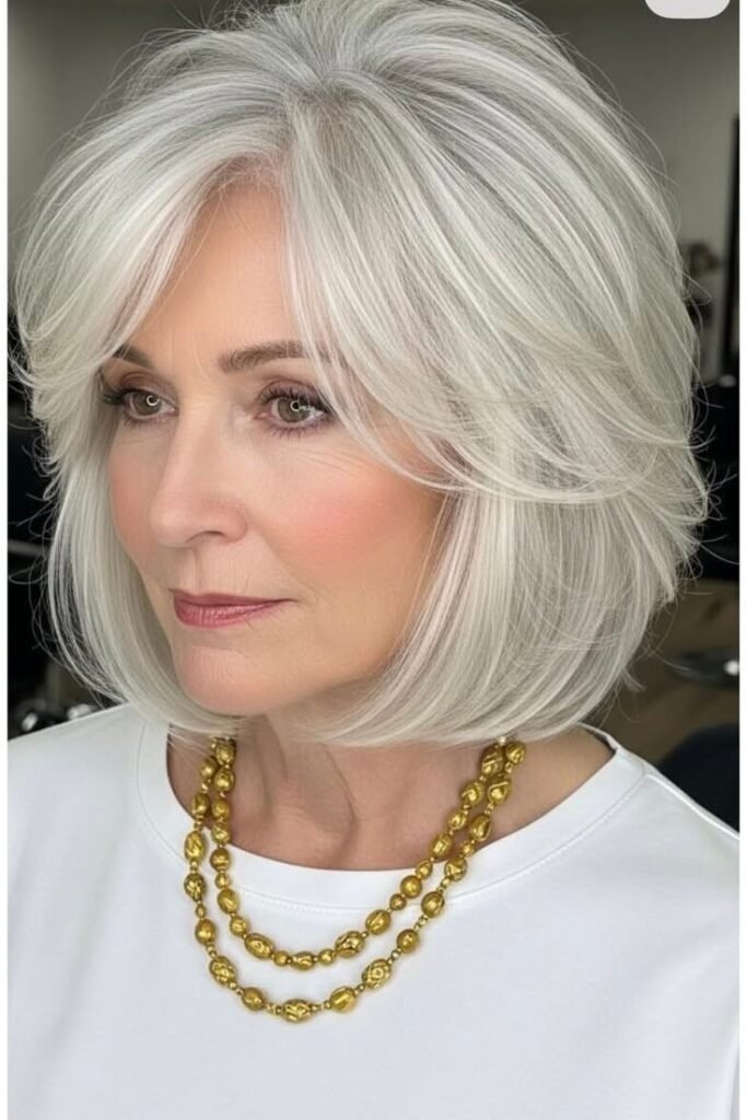 Textured Silver Bob with Soft Curtain Bangs