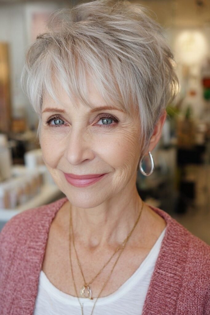 Textured Silver Pixie Cut with Soft Bangs
