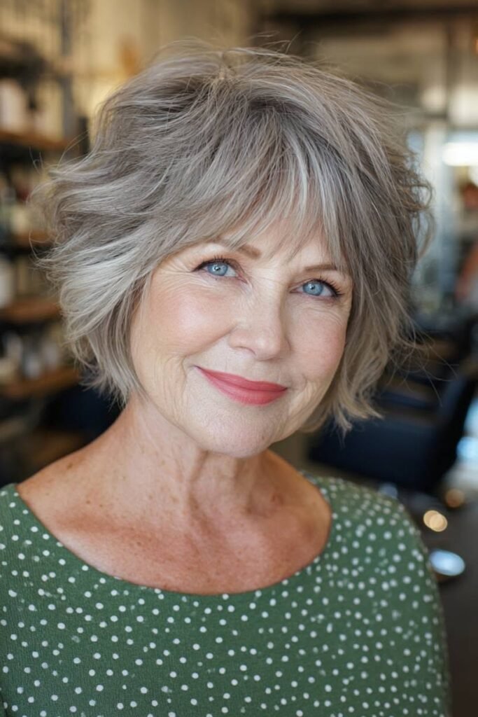 Textured Silver Shaggy Bob with Wispy Fringe