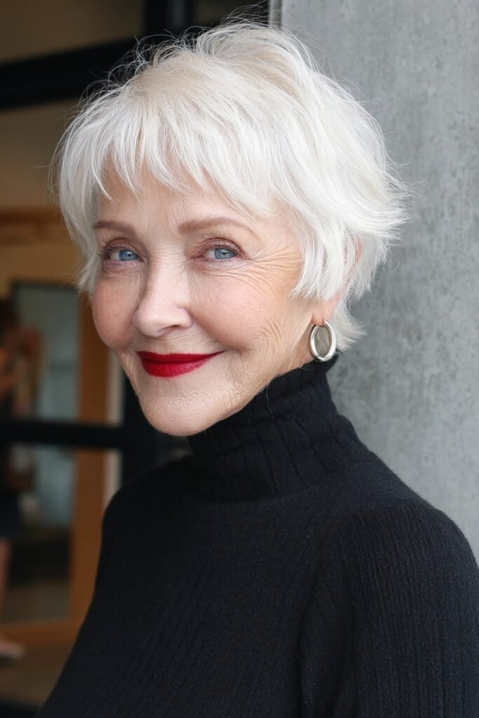 Textured Silver-White Pixie with Soft Bangs
