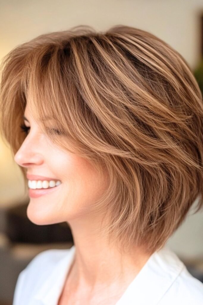Textured Warm Brown Layered Bob