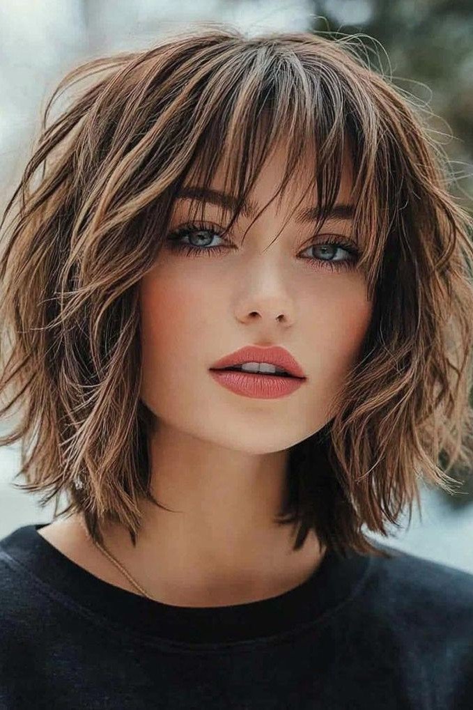 Textured Wavy Bob with Caramel Highlights
