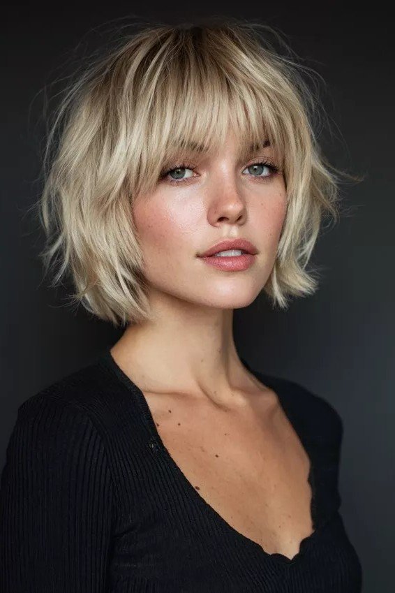 Textured Wavy Bob with Layered Fringe