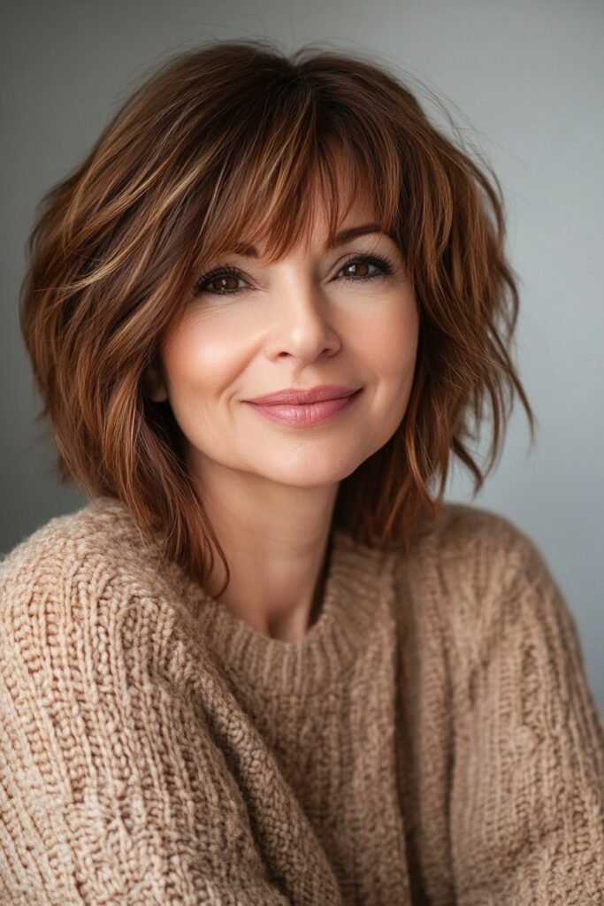 Textured Wavy Bob with Soft Layered Bangs