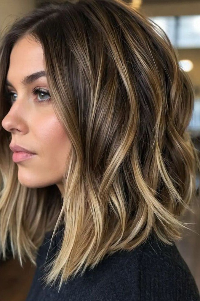 Textured Wavy Lob with Dimensional Balayage