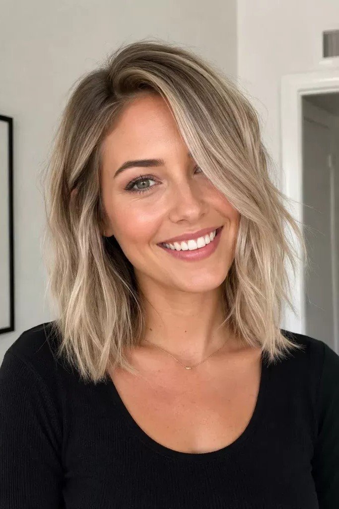 Textured Wavy Lob with Dimensional Highlights