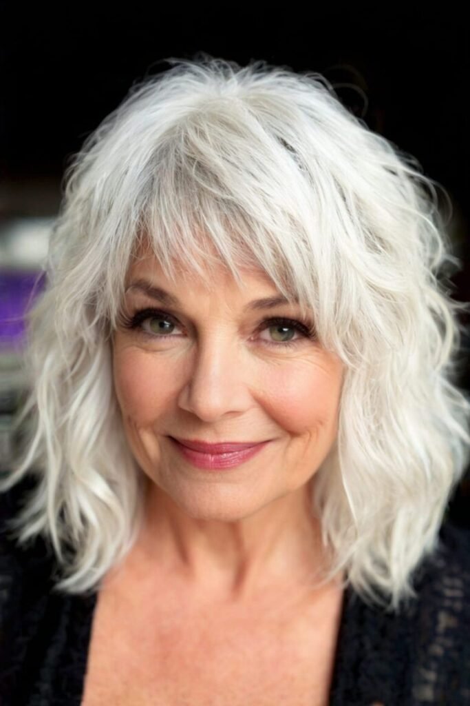Textured White Shag Bob with Wispy Bangs