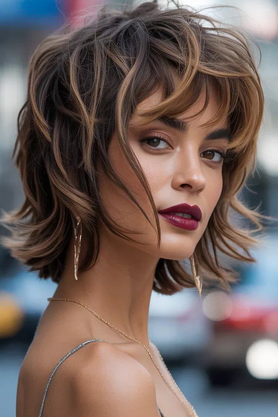 Tousled Bob with Soft Layers and Curtain Bangs
