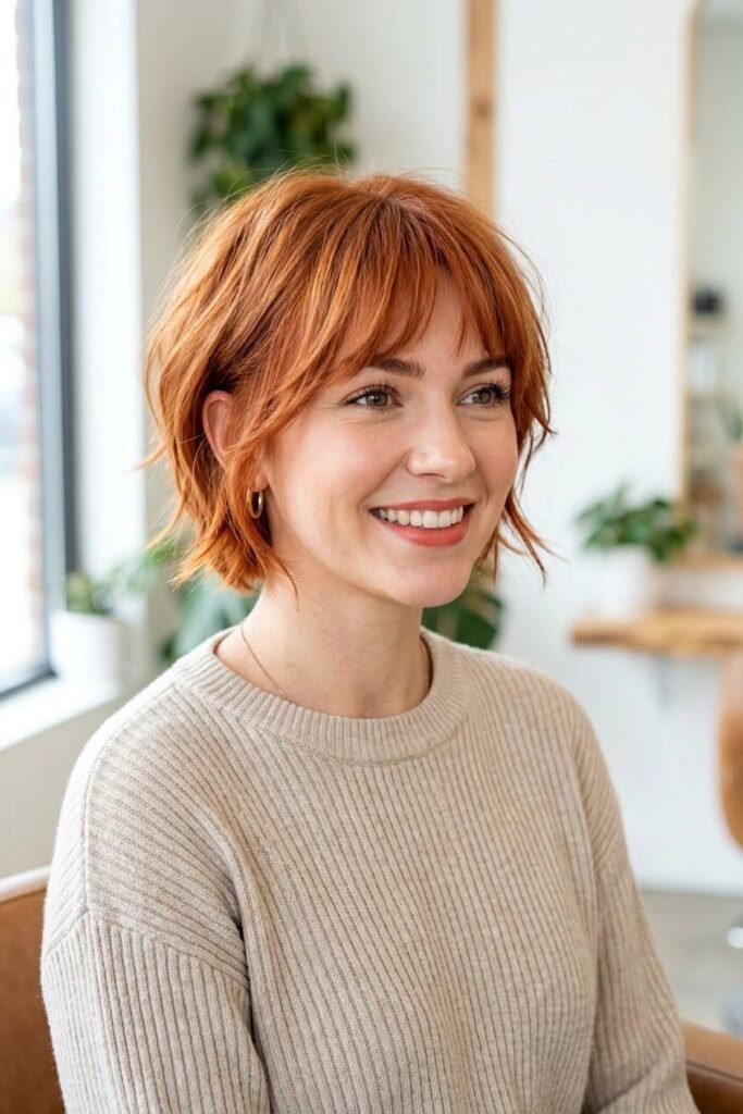 Tousled Copper Bob with Soft Bangs