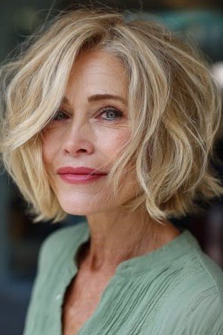 Tousled Wavy Blonde Bob with Relaxed Movement