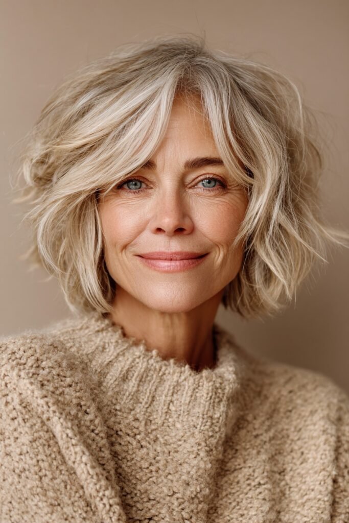 Tousled Wavy Bob with Soft Curtain Bangs