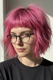 Vibrant Pink choppy Bob with Short Bangs