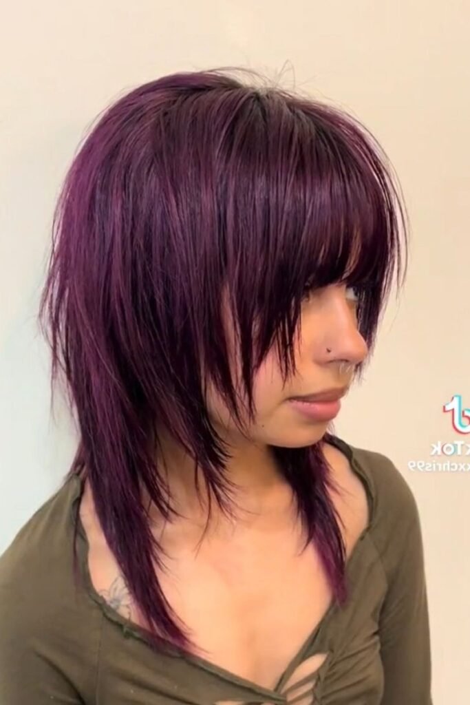 Vibrant Purple Shag with Blunt Bangs