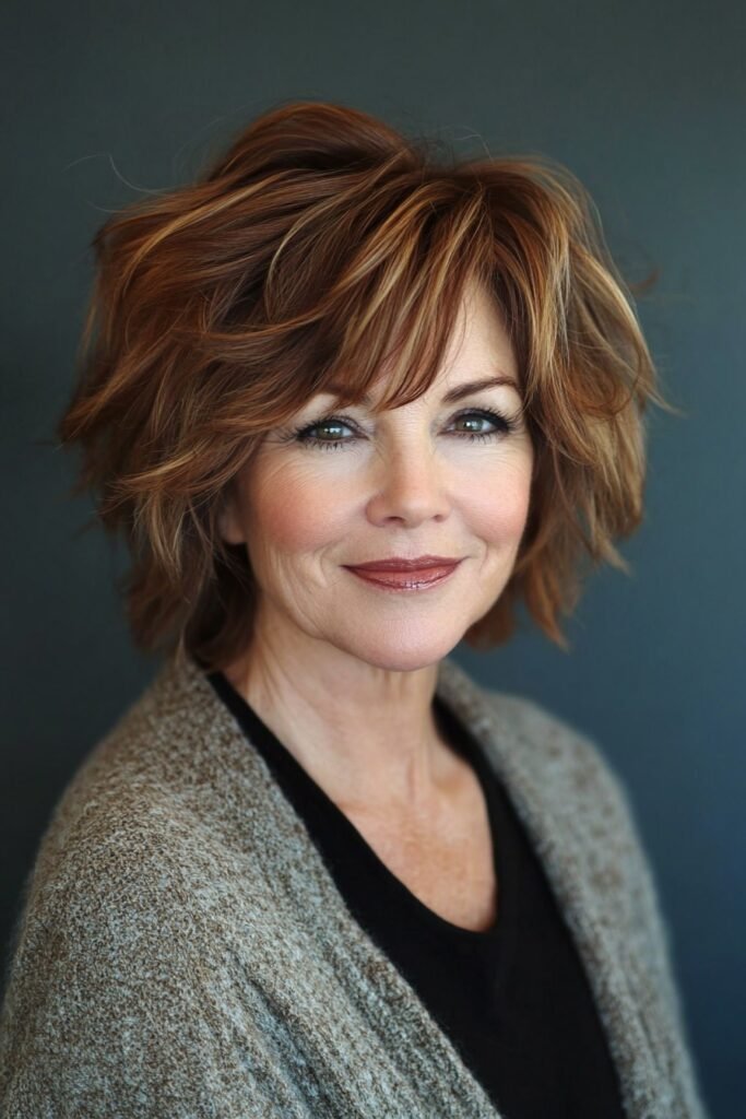 Voluminous Auburn Bob with Deep Side-Swept Bangs