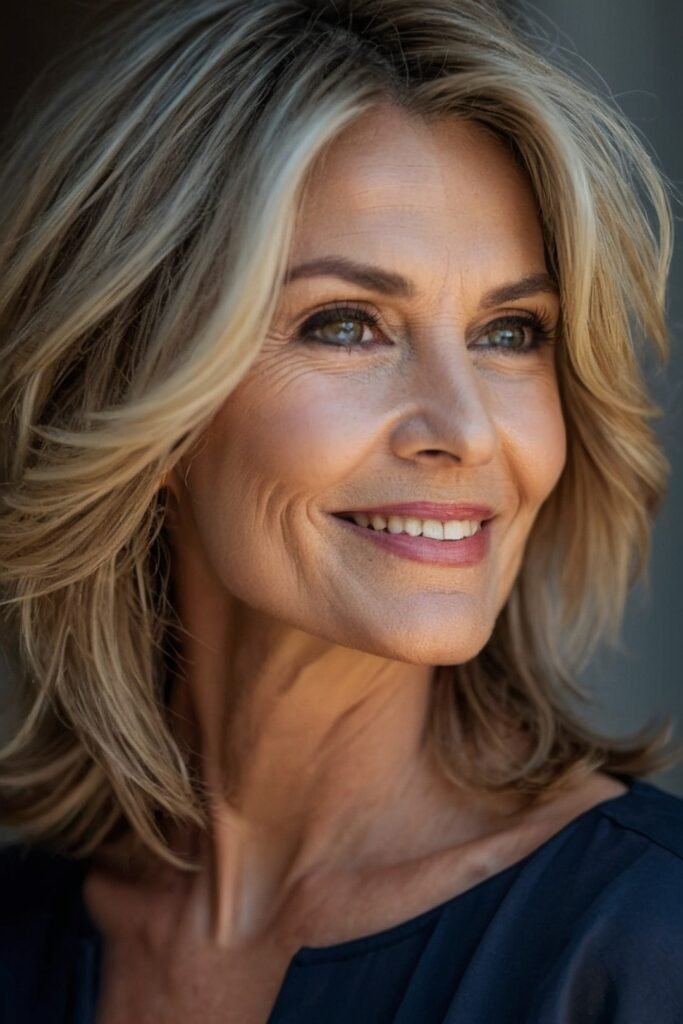 Voluminous Blonde Layered Lob with Face-Framing Waves