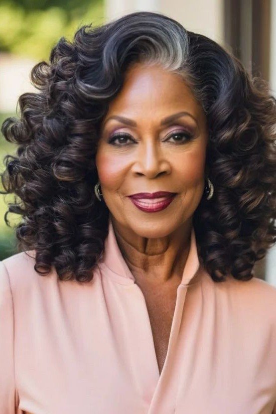 Voluminous Curls with Soft Grey Highlights