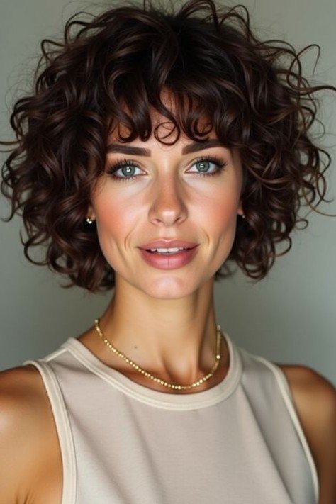 Voluminous Curly Bob with Bangs