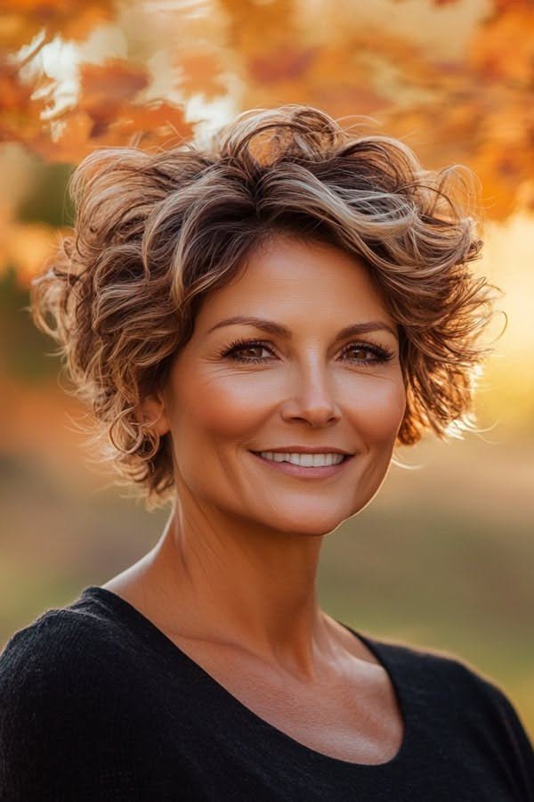Voluminous Curly Shag Bob with Warm Highlights