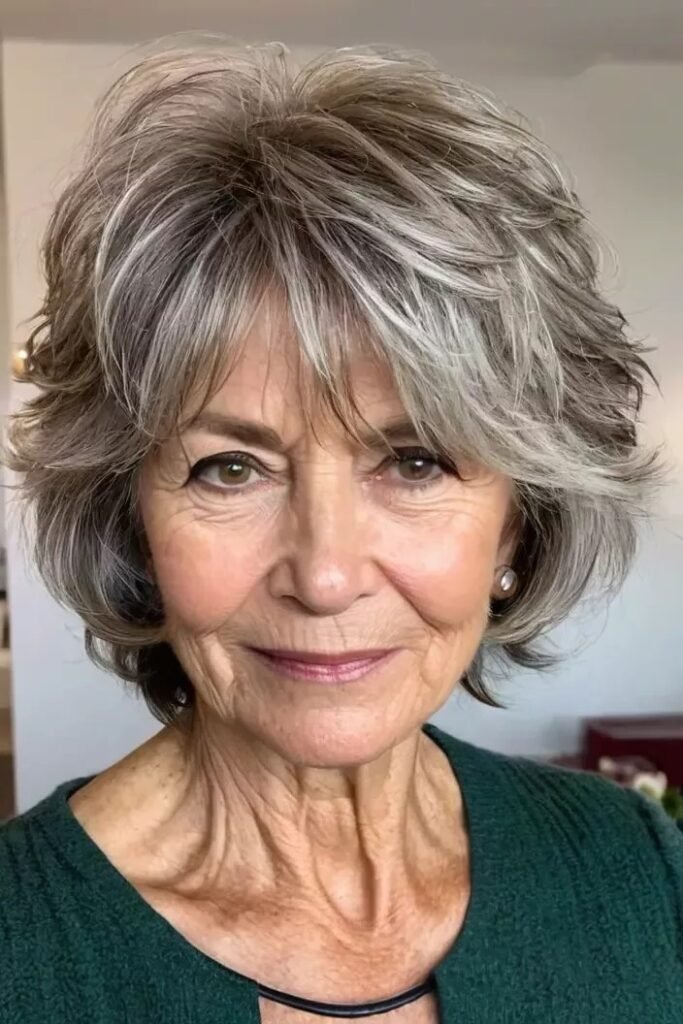 Voluminous Grey Layered Bob with Soft Bangs