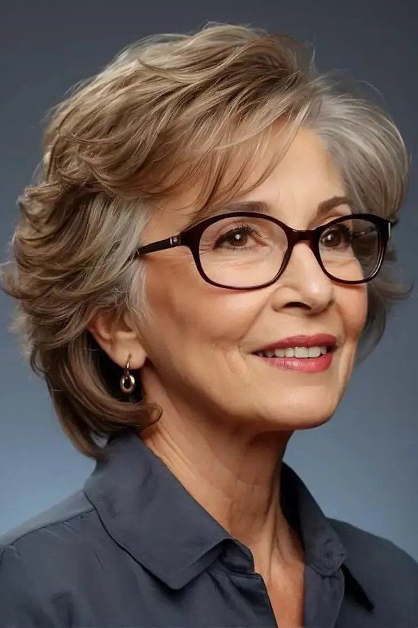 Voluminous Layered Bob with Side-Swept Bangs and Glasses