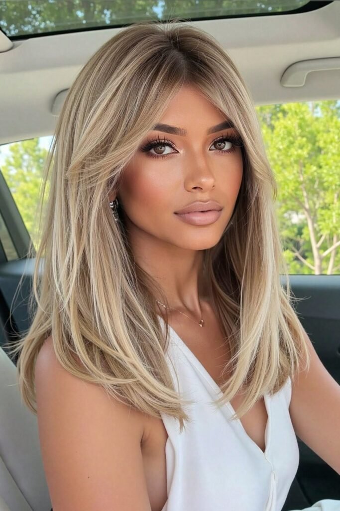 Voluminous Layered Lob with Curtain Bangs
