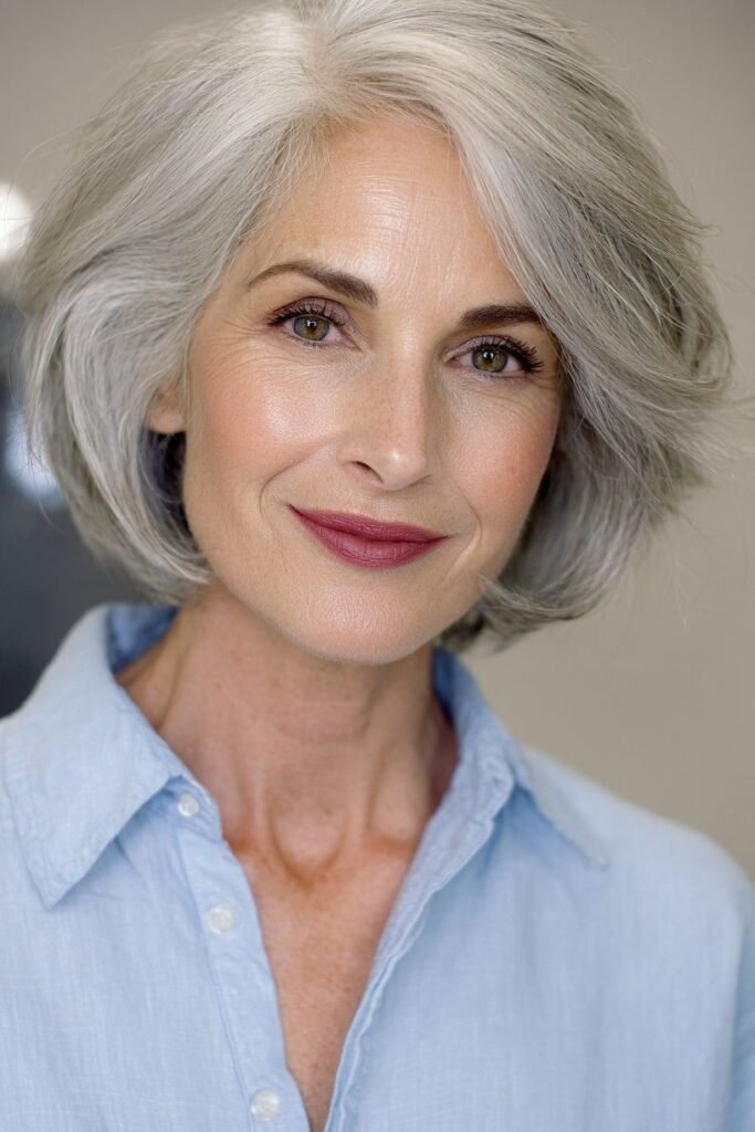 Voluminous Layered Silver Bob with Side-Swept Bangs
