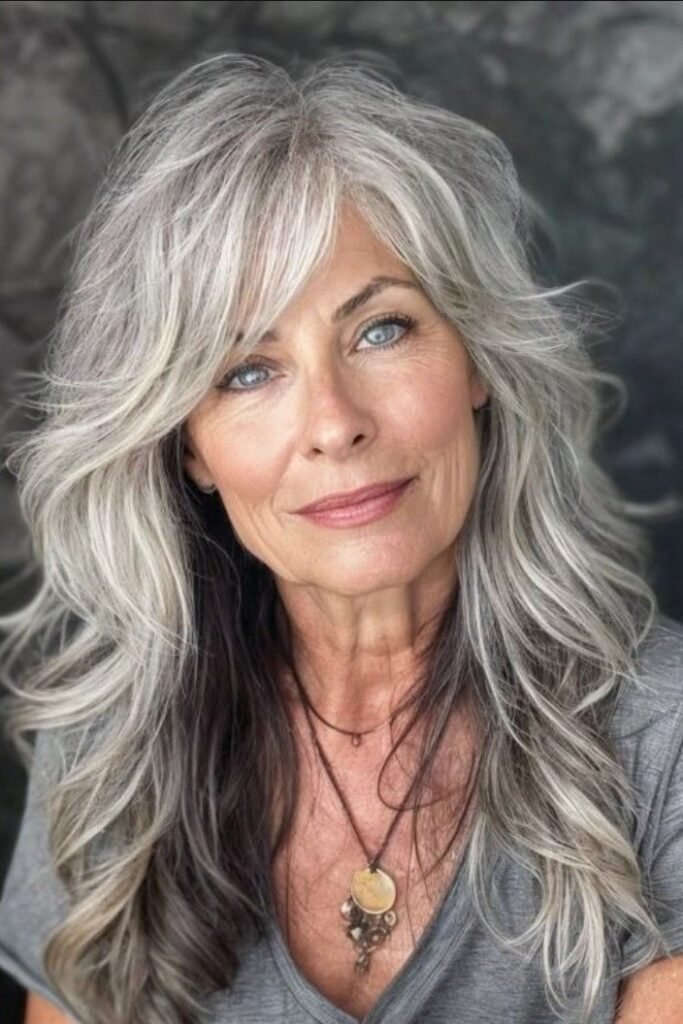 Voluminous Layered Silver Hair with Soft Waves