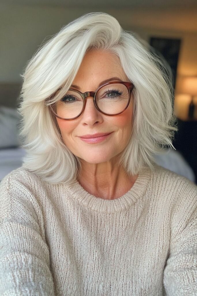 Voluminous Layered White Bob with Side-Swept Bangs