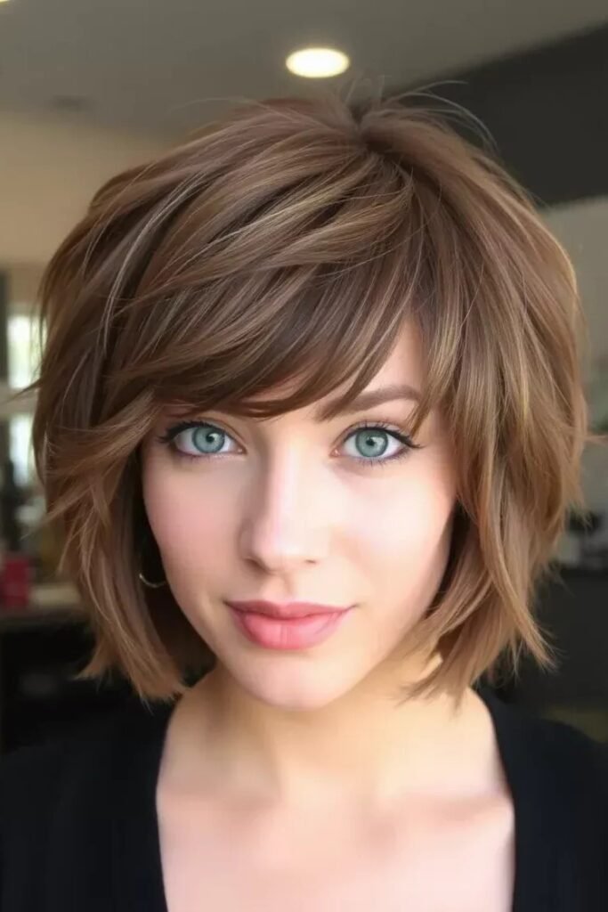 Voluminous Light Brown Bob with Layered Bangs
