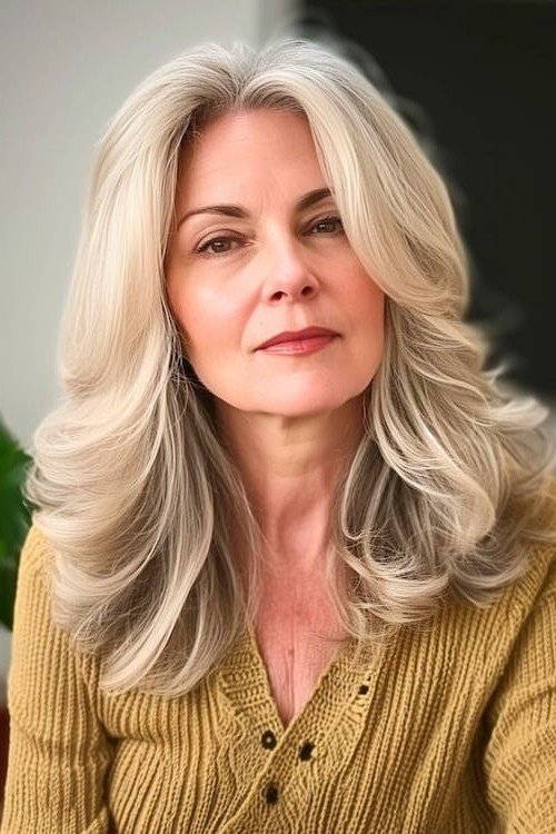 Voluminous Long Layered Hair with Curtain Bangs