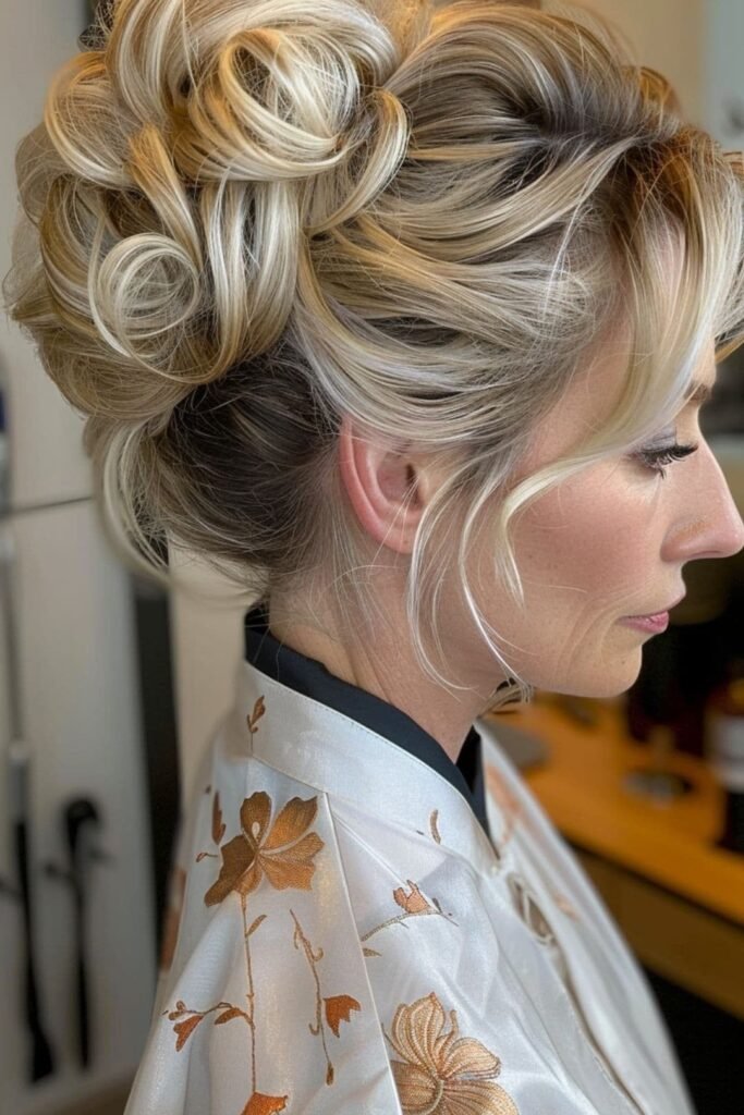 Voluminous Messy Bun with Highlights and Side-Swept Bangs