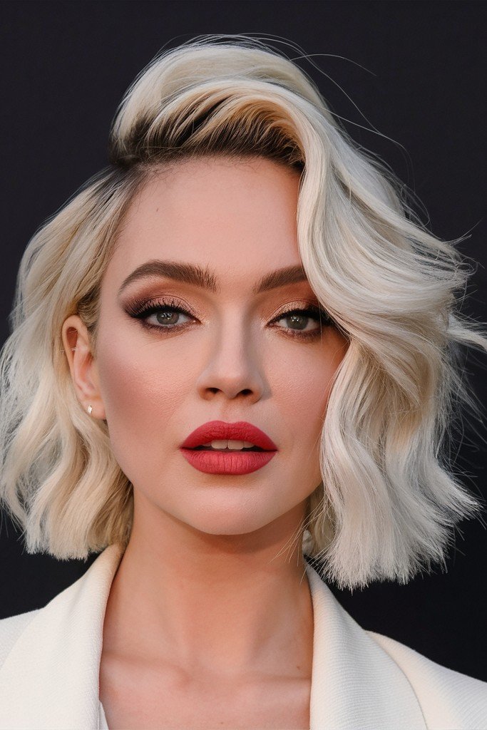 Voluminous Platinum Blonde Bob with Side-Swept Styling