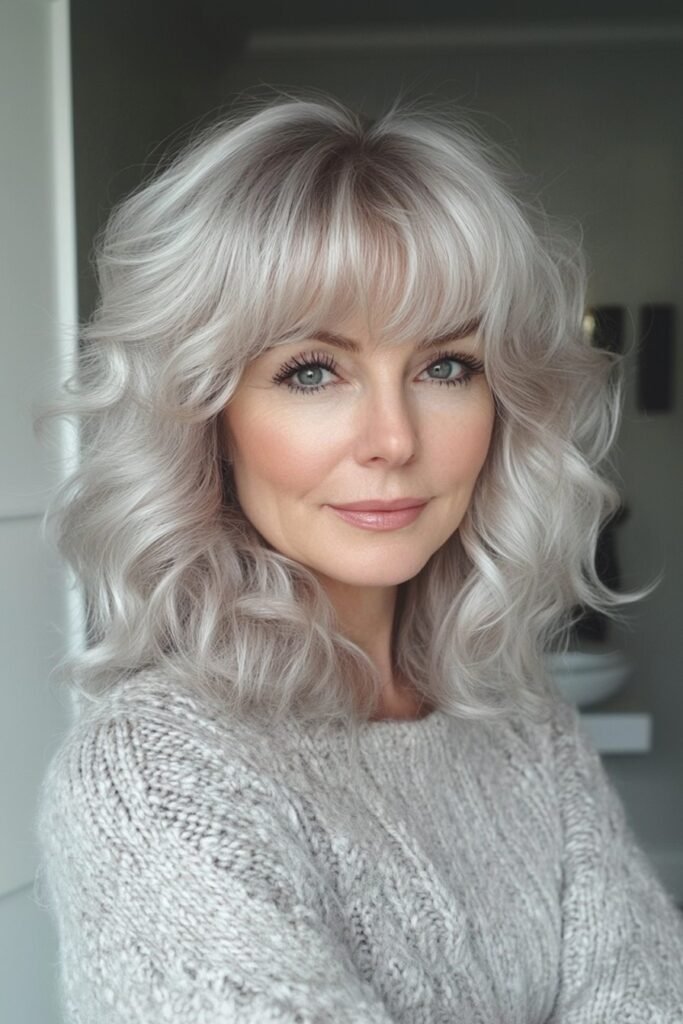 Voluminous Silver-Blonde Curls with Soft Fringe