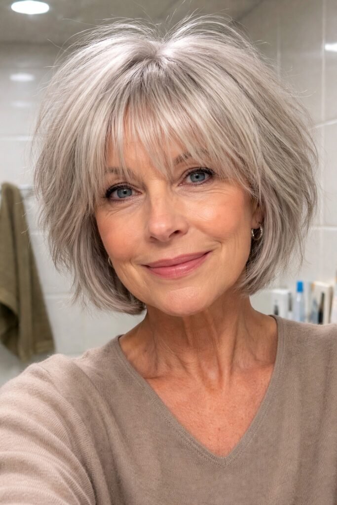 Voluminous Silver Bob with Piecey Bangs
