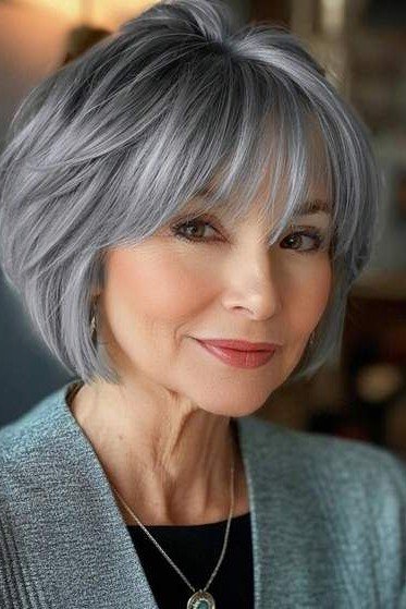 Voluminous Silver Bob with Side-Swept Bangs
