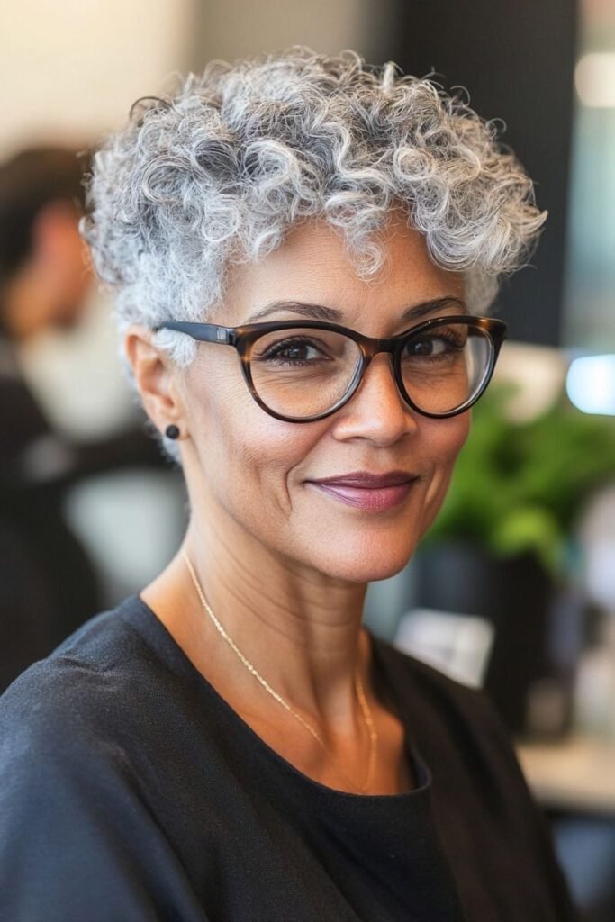 Voluminous Silver Curly Pixie with Glasses