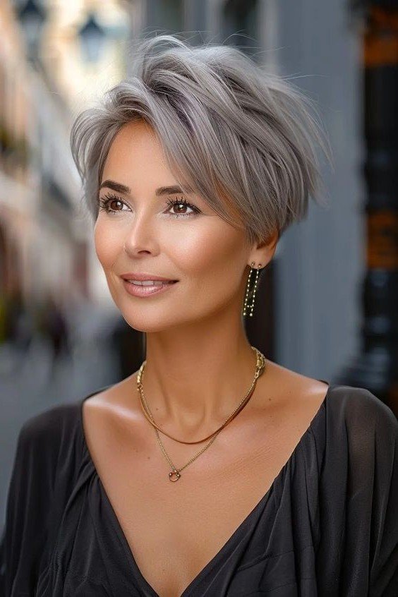 Voluminous Silver Pixie Cut with Side-Swept Bangs
