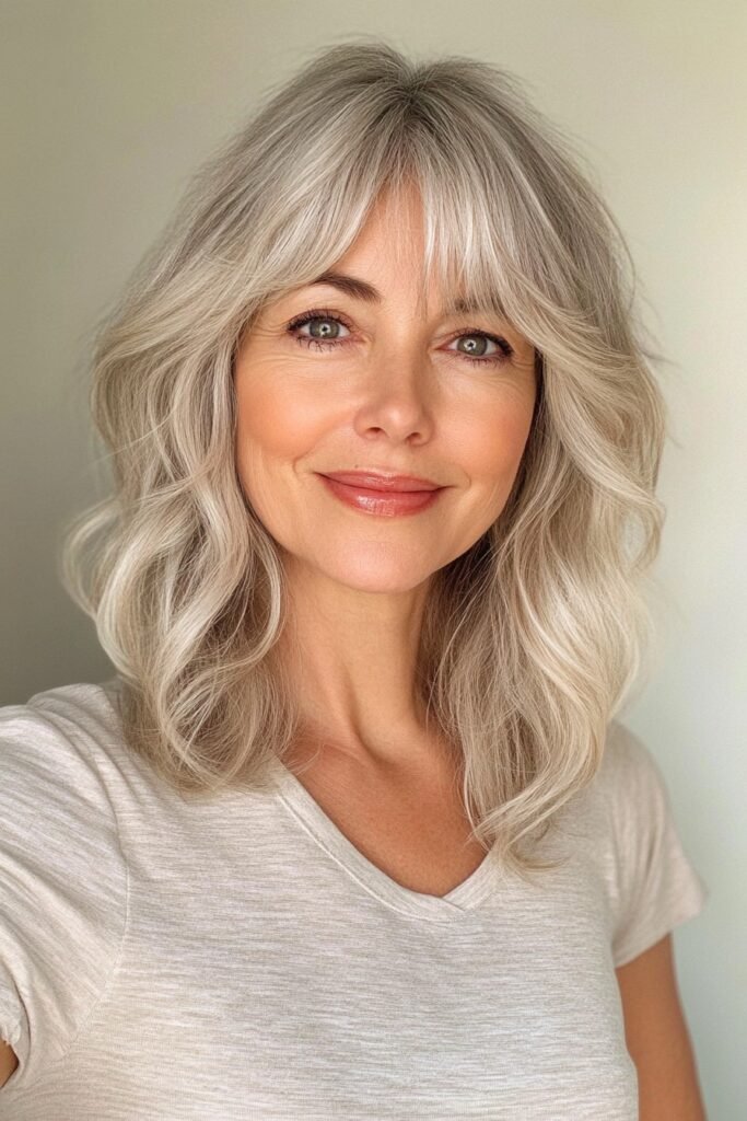 Voluminous Silver Wavy Cut with Curtain Bangs