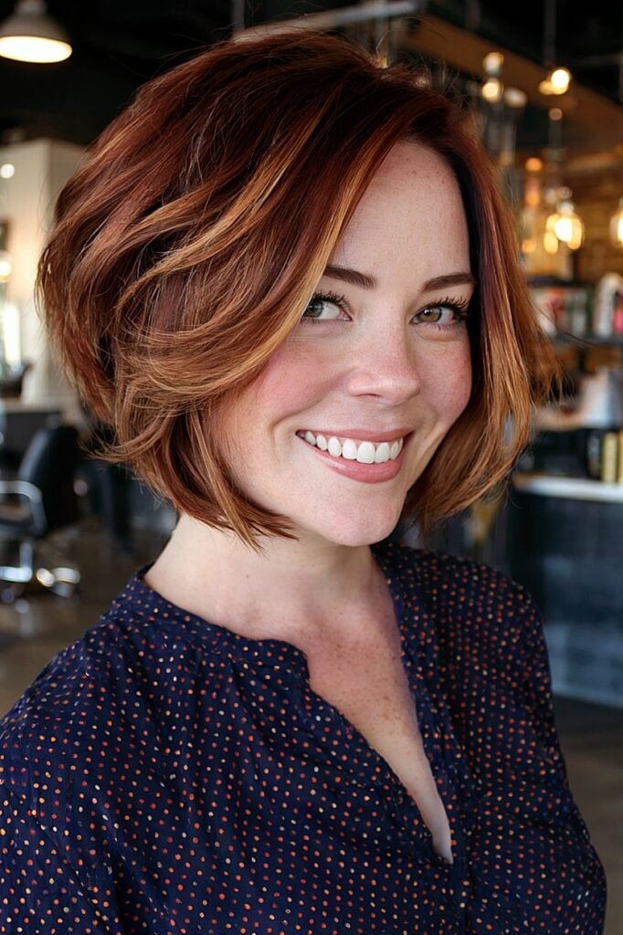 Voluminous Textured Bob with Warm Copper Highlights