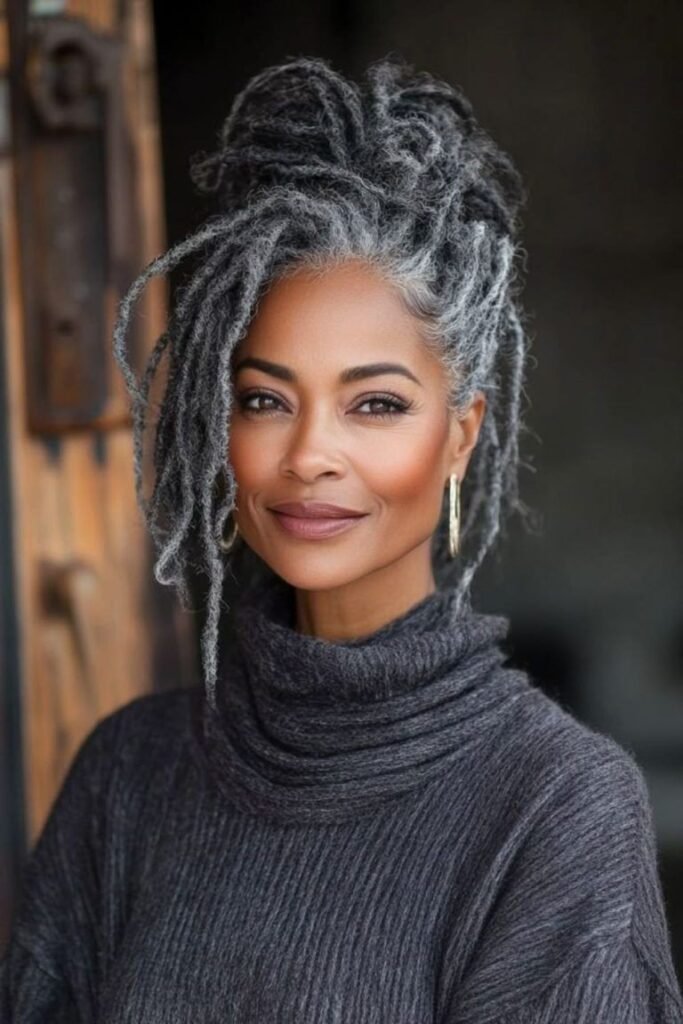 Voluminous Updo with Textured Grey Locs
