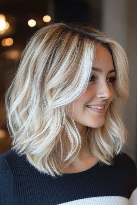 Voluminous Wavy Bob with Face-Framing Bright Blonde Pieces