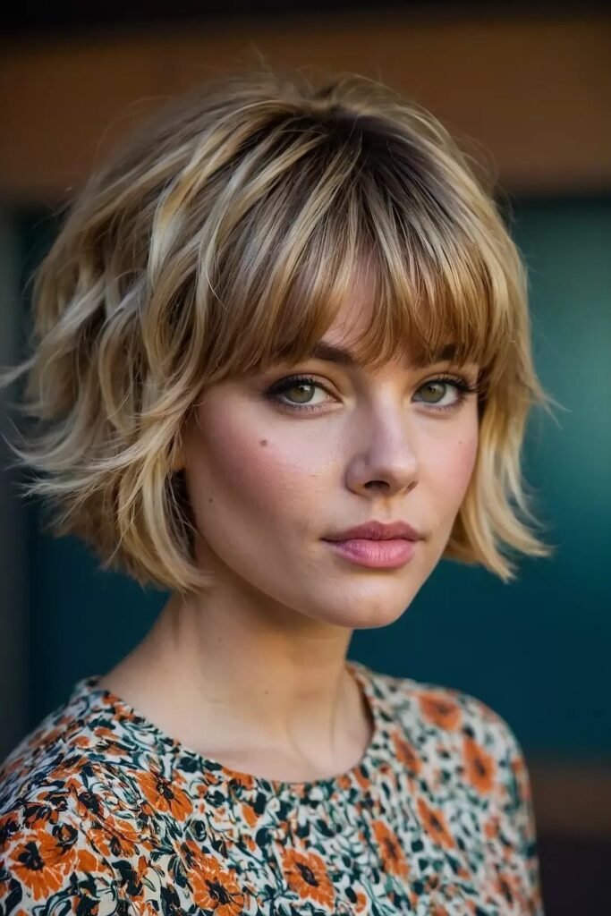 Voluminous Wavy Bob with Textured Bangs