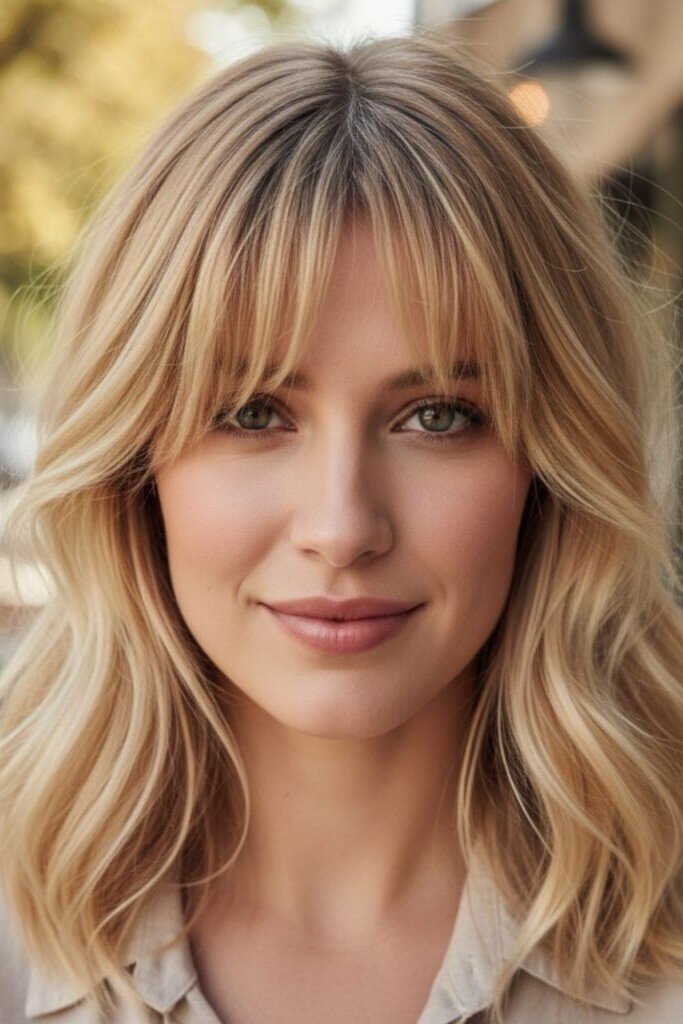 Voluminous Wavy Layers with Long Curtain Bangs