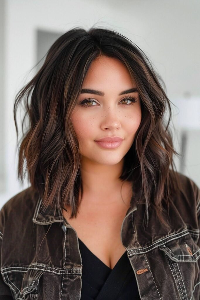 Voluminous Wavy Lob with Dark Tones