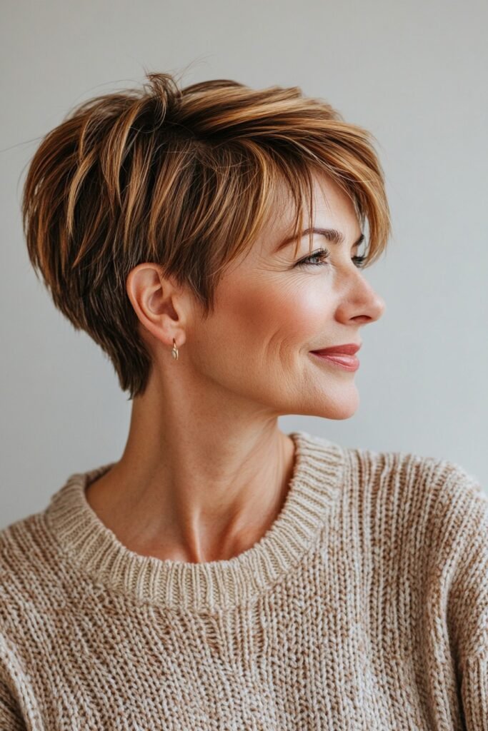 Warm-Toned Pixie with Soft Side-Swept Bangs