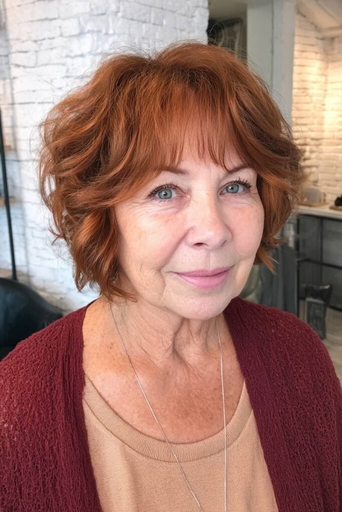 Wavy Auburn Bob with Soft Curtain Bangs