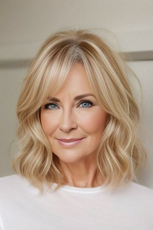 Wavy Blonde Bob with Side-Swept Bangs