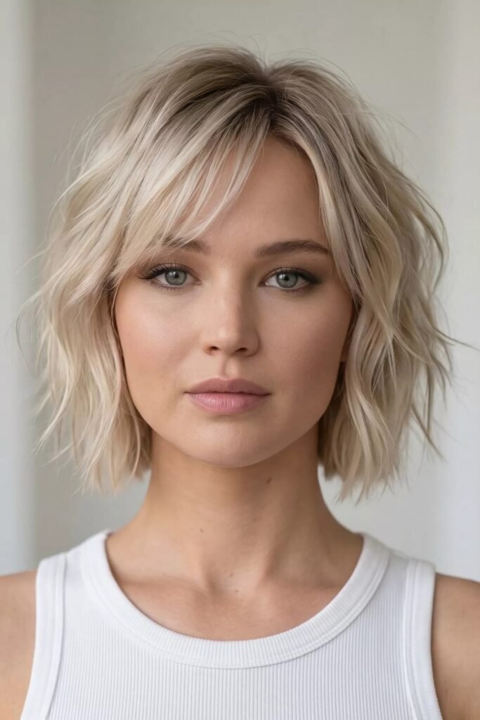 Wavy Blonde Bob with Side-Swept Bangs